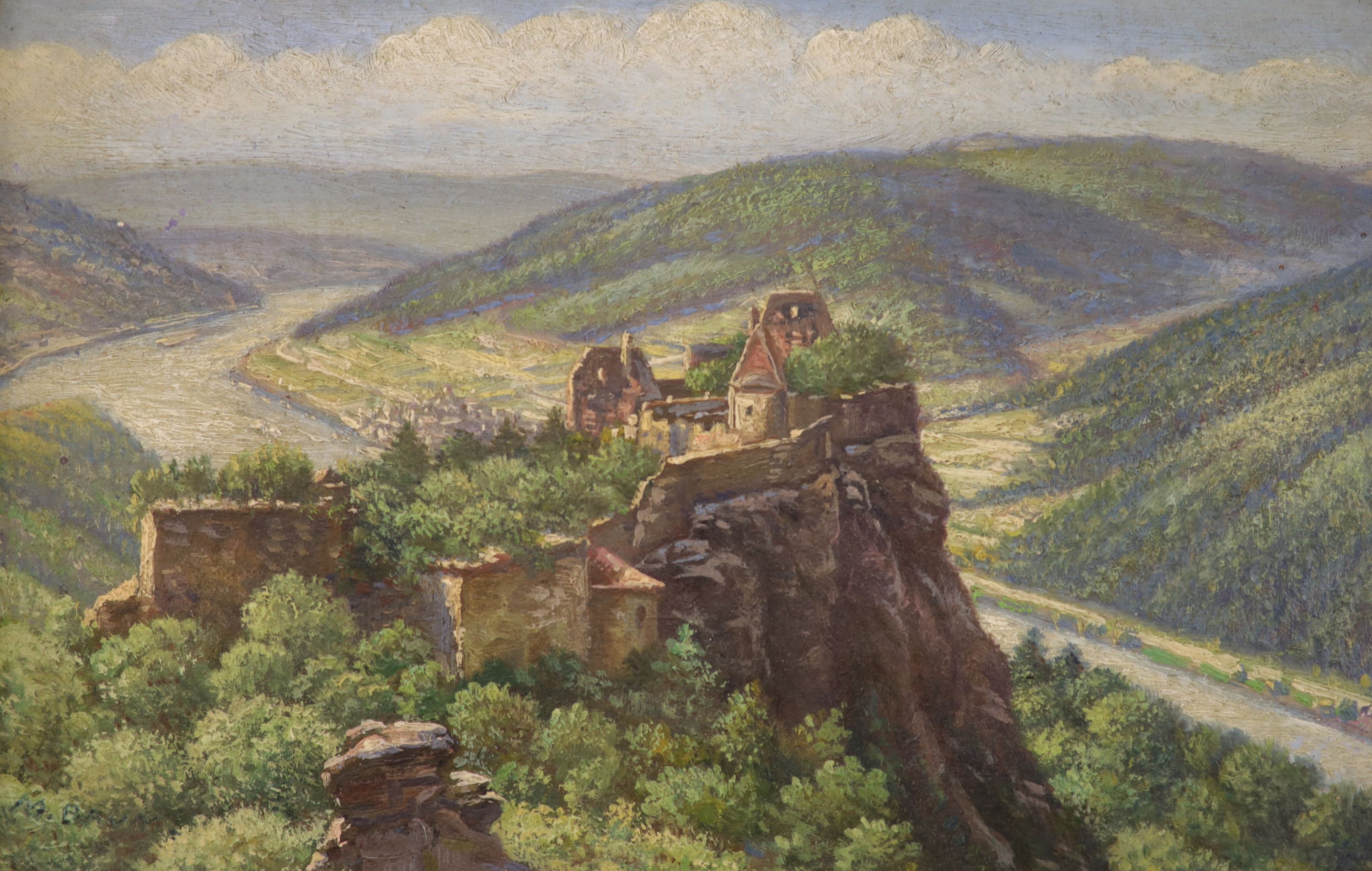 M. Braun (German School), pair of oils on board, Lodge beside a lake and Hilltop Castle, 10 x 15cm, one signed